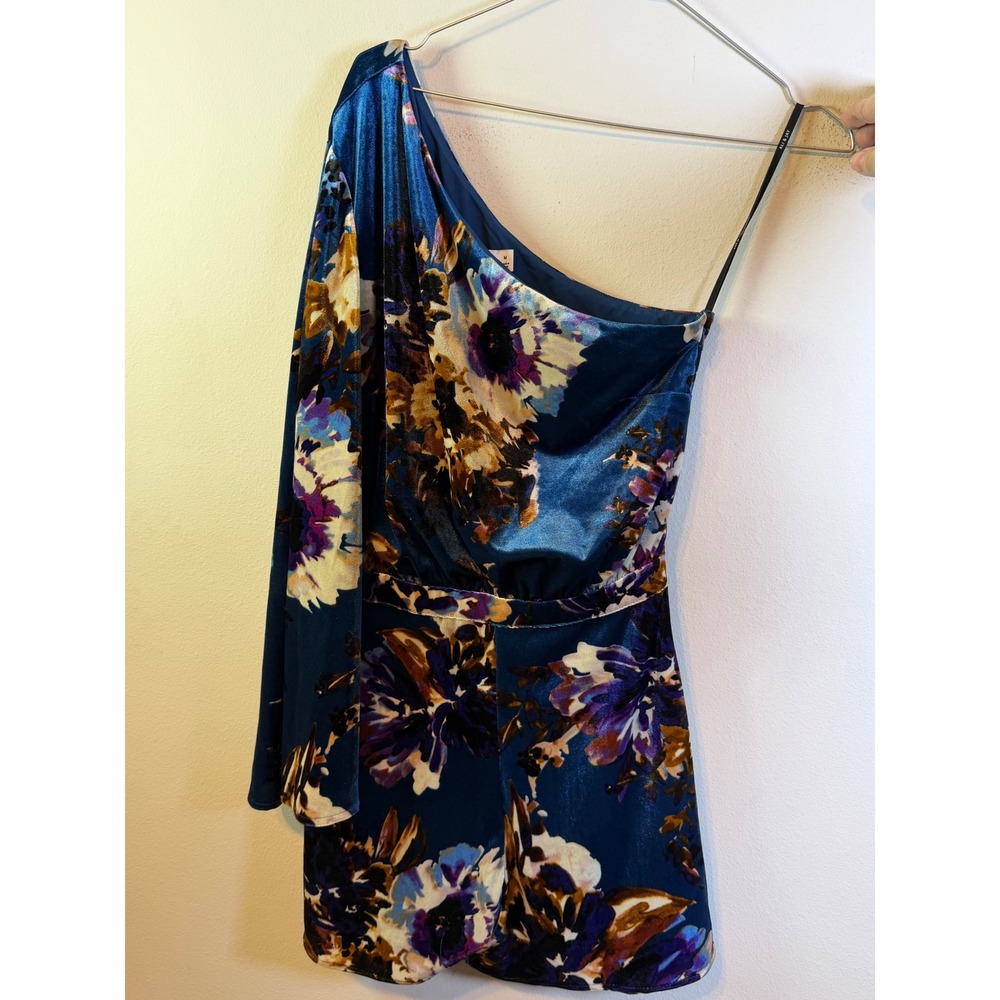 Ali & Jay Womens One Shoulder Romper Floral Velvet Blue Size M